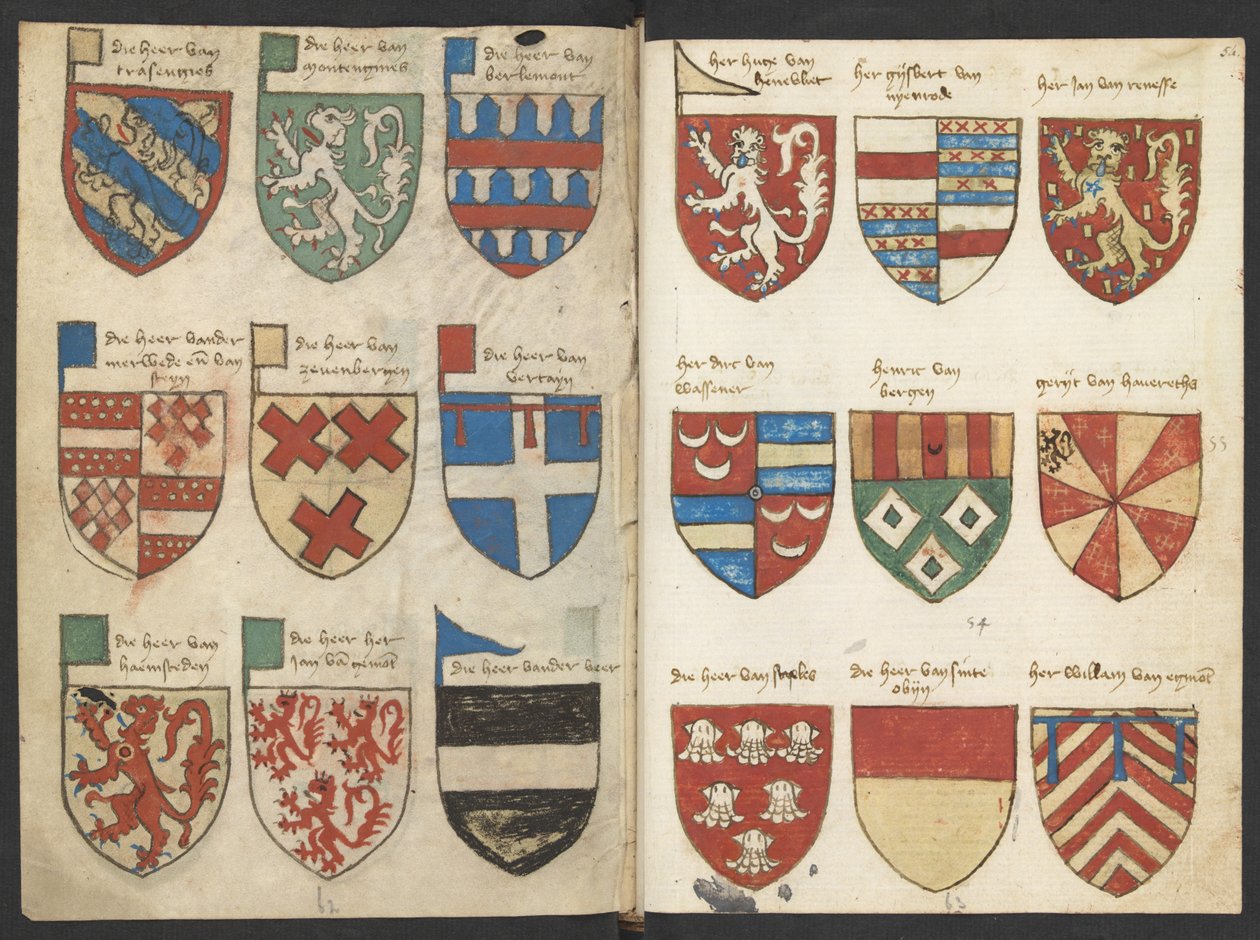 Wapenboek Beyeren (fegyverzet) - KB79K21 - folios 053v (bal) és 054r (jobb) alkotó: Binder