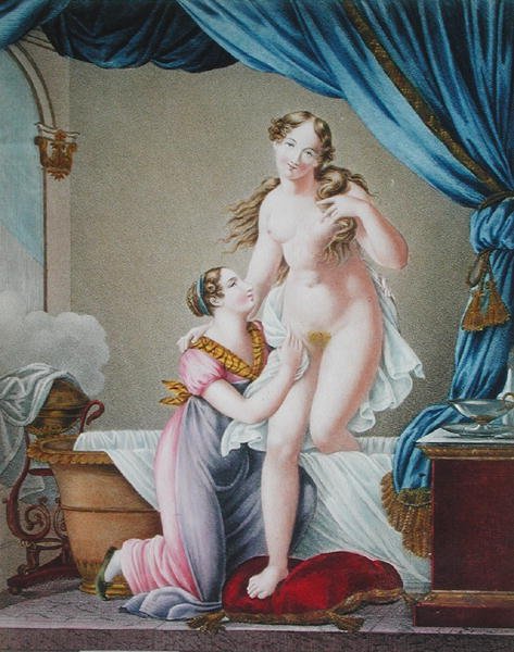 Nő kiszáll a fürdőből, szobalánya segítségével, 1820 körül (színes gravírozás) alkotó: Blaizot (after)