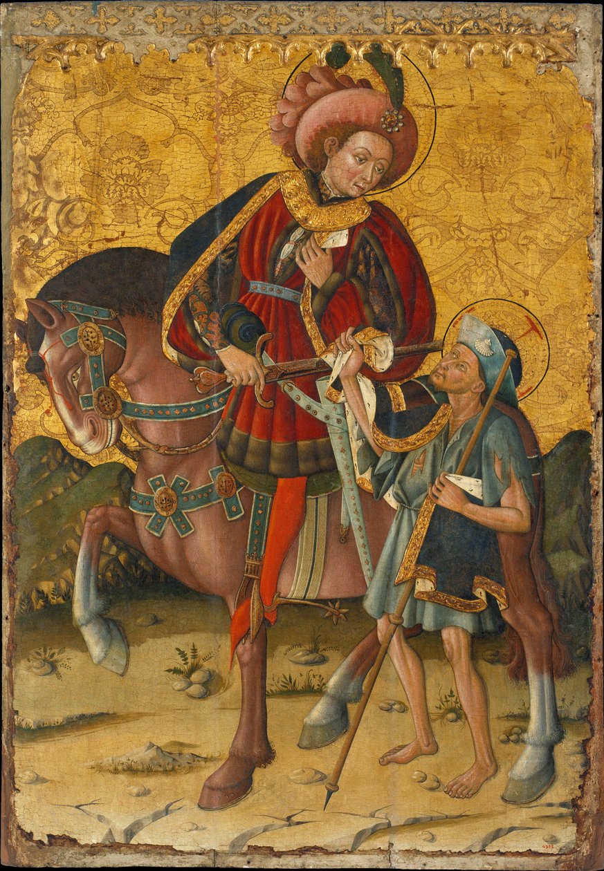 Tours-i Szent Márton (vagy a Kegyes) (316-397), levágta a kabátját, hogy megossza egy szegény emberrel - Blasco de Granen (?-1459) festménye, tempera fára (153,5x106 cm), 1440 körül - Szent Márton köpenyét osztja, Tempera a panelen Blasco de alkotó: Blasco de Granen