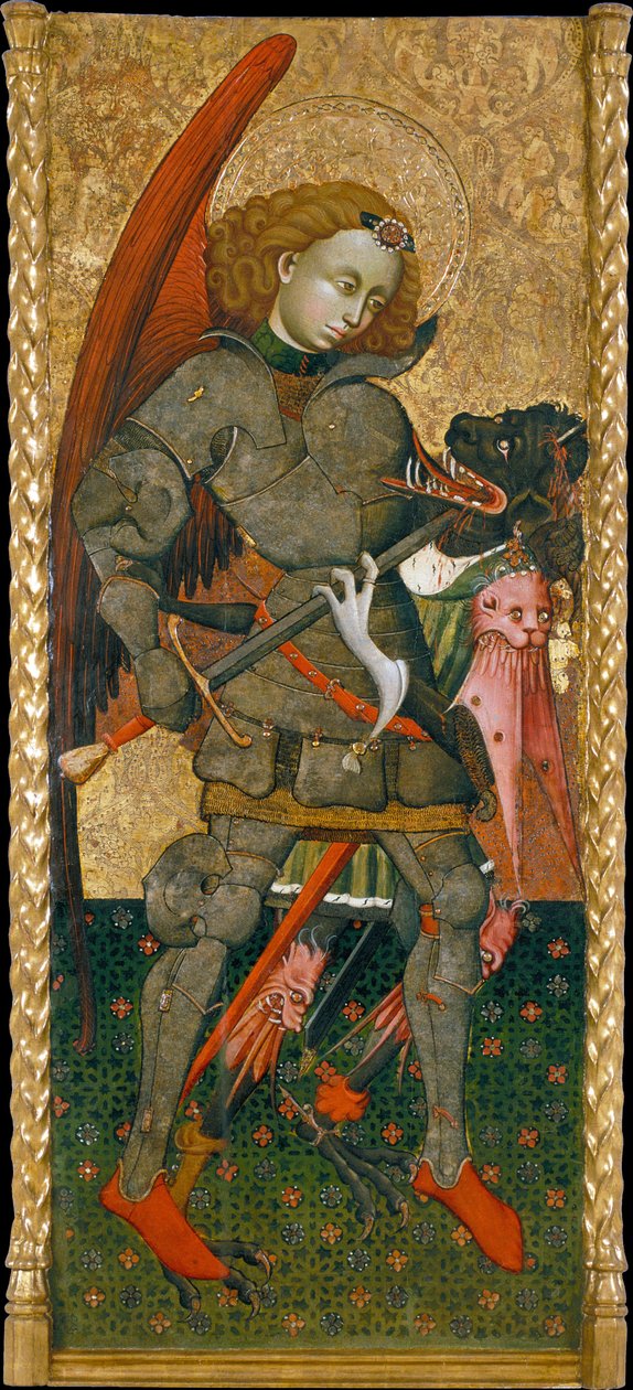 Szent Mihály arkangyal megöli az ördögöt - Blasco de Granen festménye (?-1459), tempera táblán (183,7x82 cm), 1440 körül - Szent Mihály arkangyal, Blasco de Granen tábláján Tempera, c1440 - Museu Nacional d Művészet Katalóniából, Barcelonából alkotó: Blasco de Granen