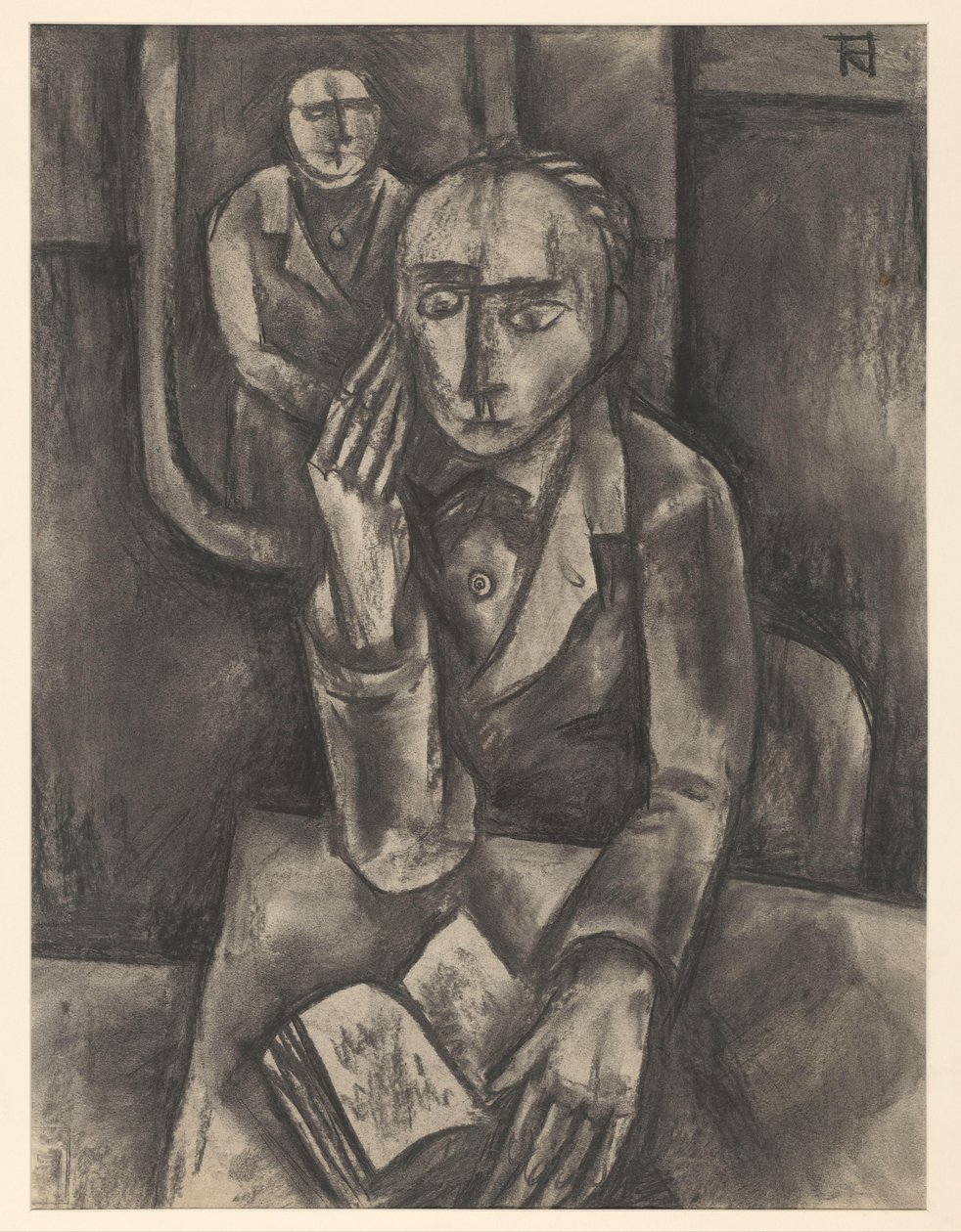 Férfi ül az asztalnál egy nyitott könyvvel alkotó: Bob Hanf (signed by artist)