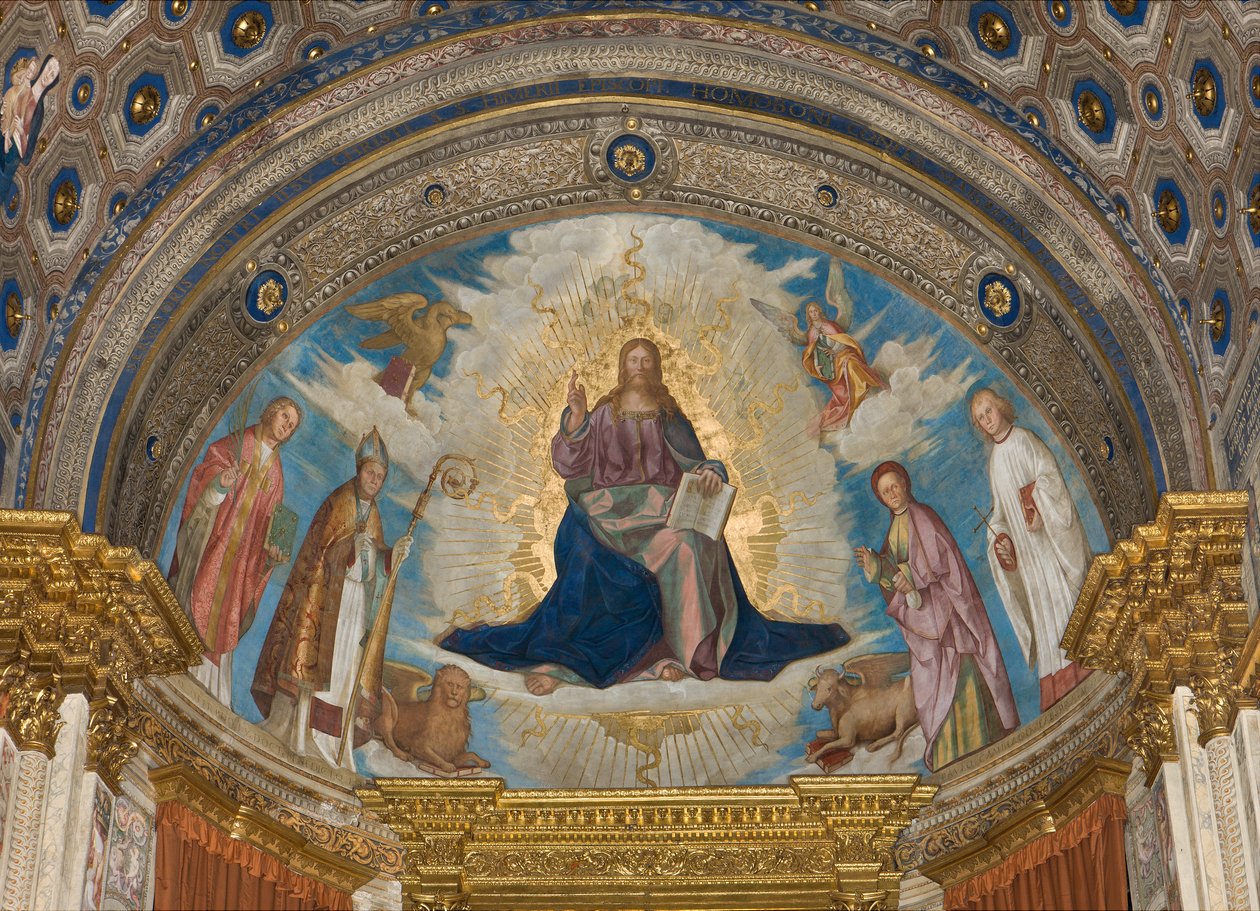 Apszis, Catino Apse, Boccaccio Boccaccino, Pantocrator a Szentek között Marcellino, Imerio, Omobono, Peter Exorcist alkotó: Boccaccio Boccaccino