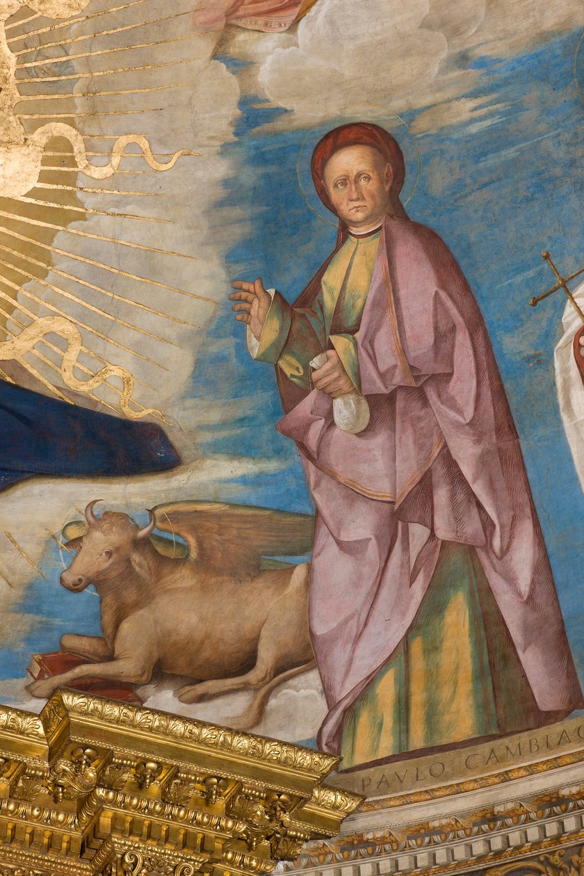 Apszis, Catino Apse, Boccaccio Boccaccino, Pantocrator a Szentek között Marcellino, Imerio, Omobono, Peter Exorcist, Detail St. Omobono alkotó: Boccaccio Boccaccino