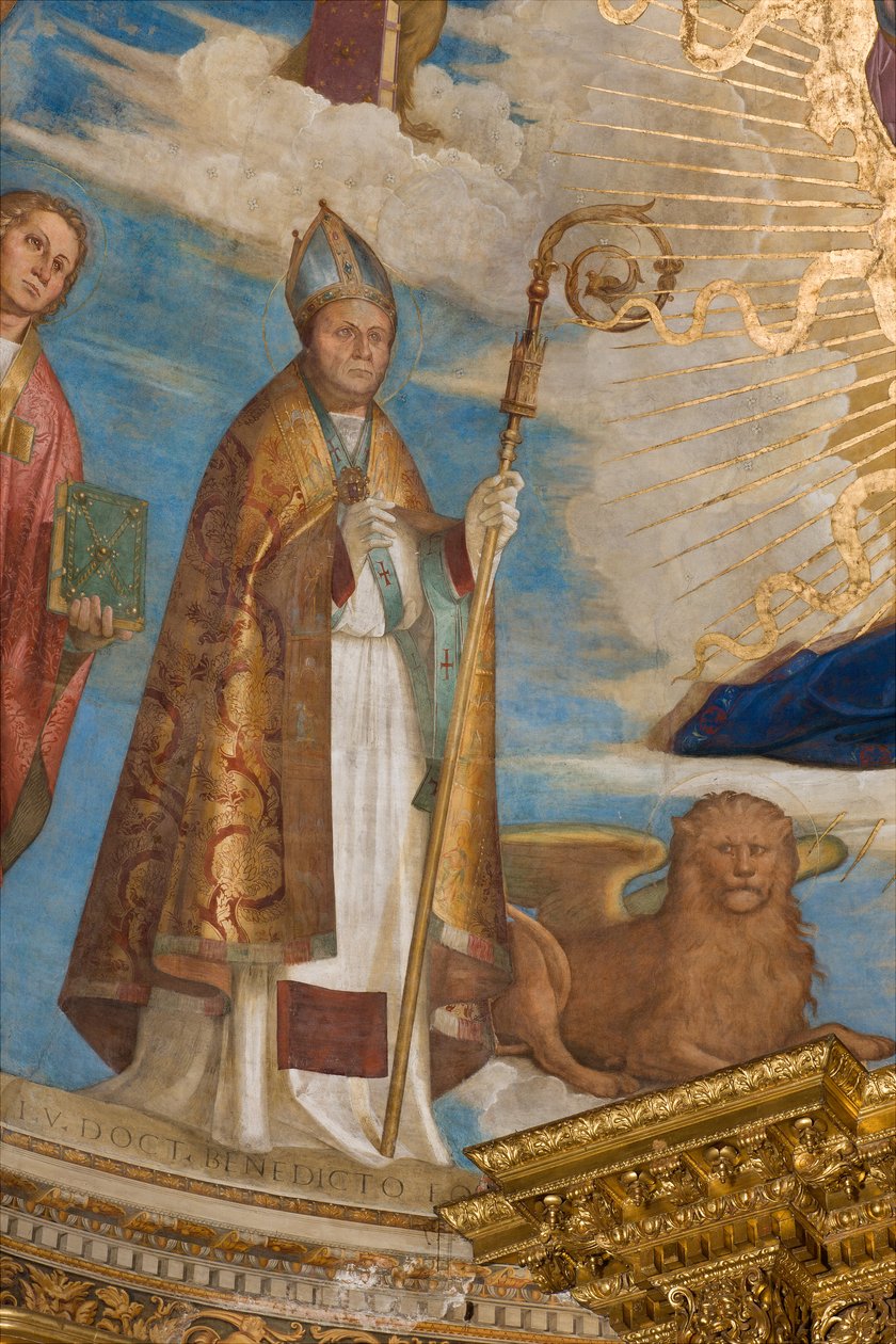 Apszis, Catino Apse, Boccaccio Boccaccino, Pantocrator a Szentek között Marcellino, Imerio, Omobono, Péter Ördögűző, Szent Imerio részlete alkotó: Boccaccio Boccaccino