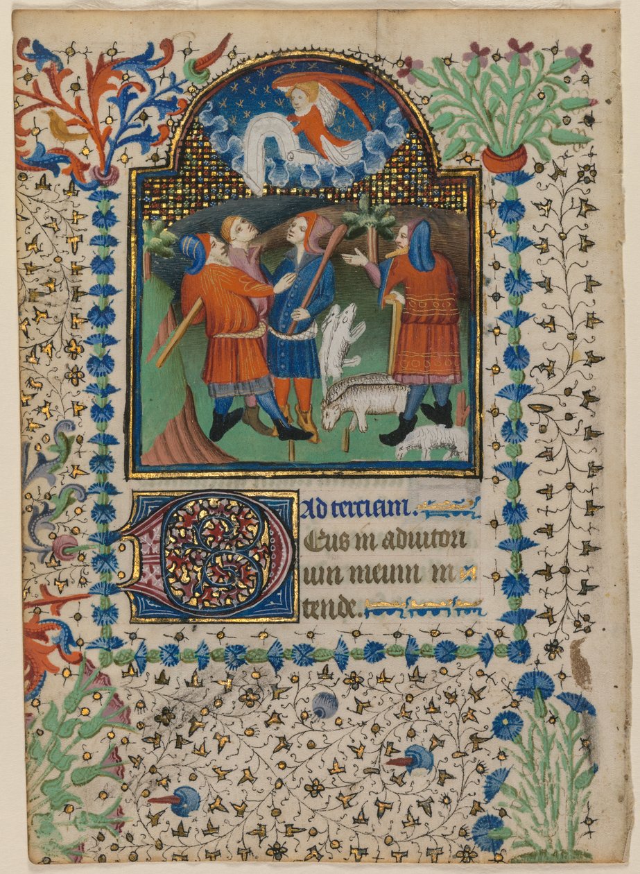 Levél az órák könyvéből: Angyali üdvözlet a pásztoroknak (recto) alkotó: Boethius Illuminator