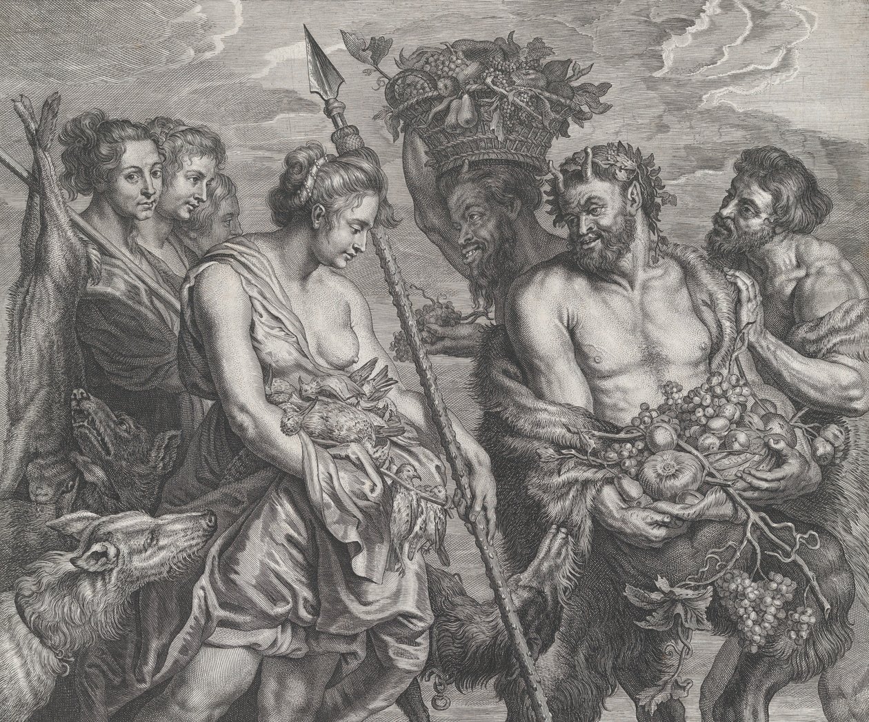Diana visszatért az üldözésből, kutyák és nimfái kíséretében balra, ketten ültek..., kb. 1640-59. alkotó: Boetius Adams Bolswert