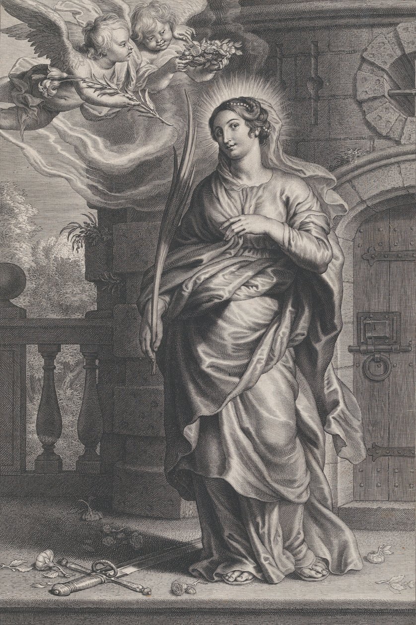 Szent Borbála pálmaleveleket tartva karddal és virágokkal a lábánál, két putti o..., kb. 1625-59. alkotó: Boetius Adams Bolswert