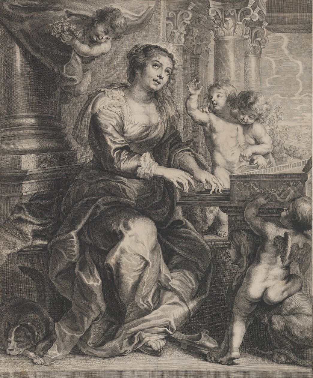 Szent Cecília orgonán játszik puttival körülvéve, kb. 1640-59. alkotó: Boetius Adams Bolswert