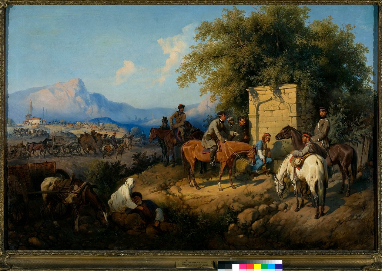 Orosz csapatok átkelnek a Kaukázus-hegységen Adjara-ban (Grúzia) (Russian Forces Crosses the Caucasus Mountains in Adjara) (A kaukázusi törzsek lázadása 1830 és 1860 között) - Gottfried (Bogdan Pavlovich) Willewalde festménye (1818-1903) alkotó: Bogdan Willewalde