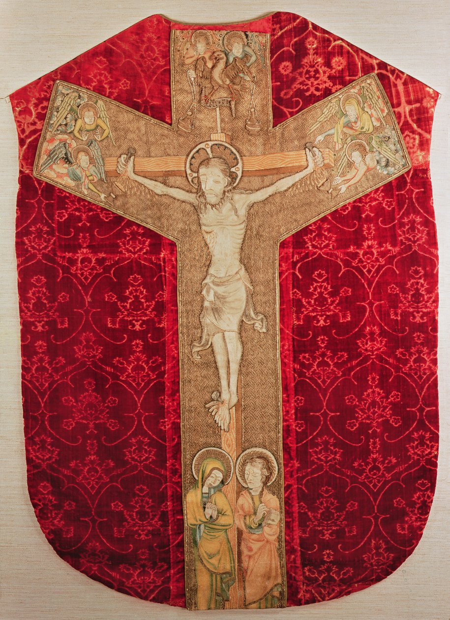 Hímzett orphrey a cseh ládán, amely a keresztre feszítést ábrázolja Szűzzel és angyalokkal, 14. század vége (textil) alkotó: Bohemian School