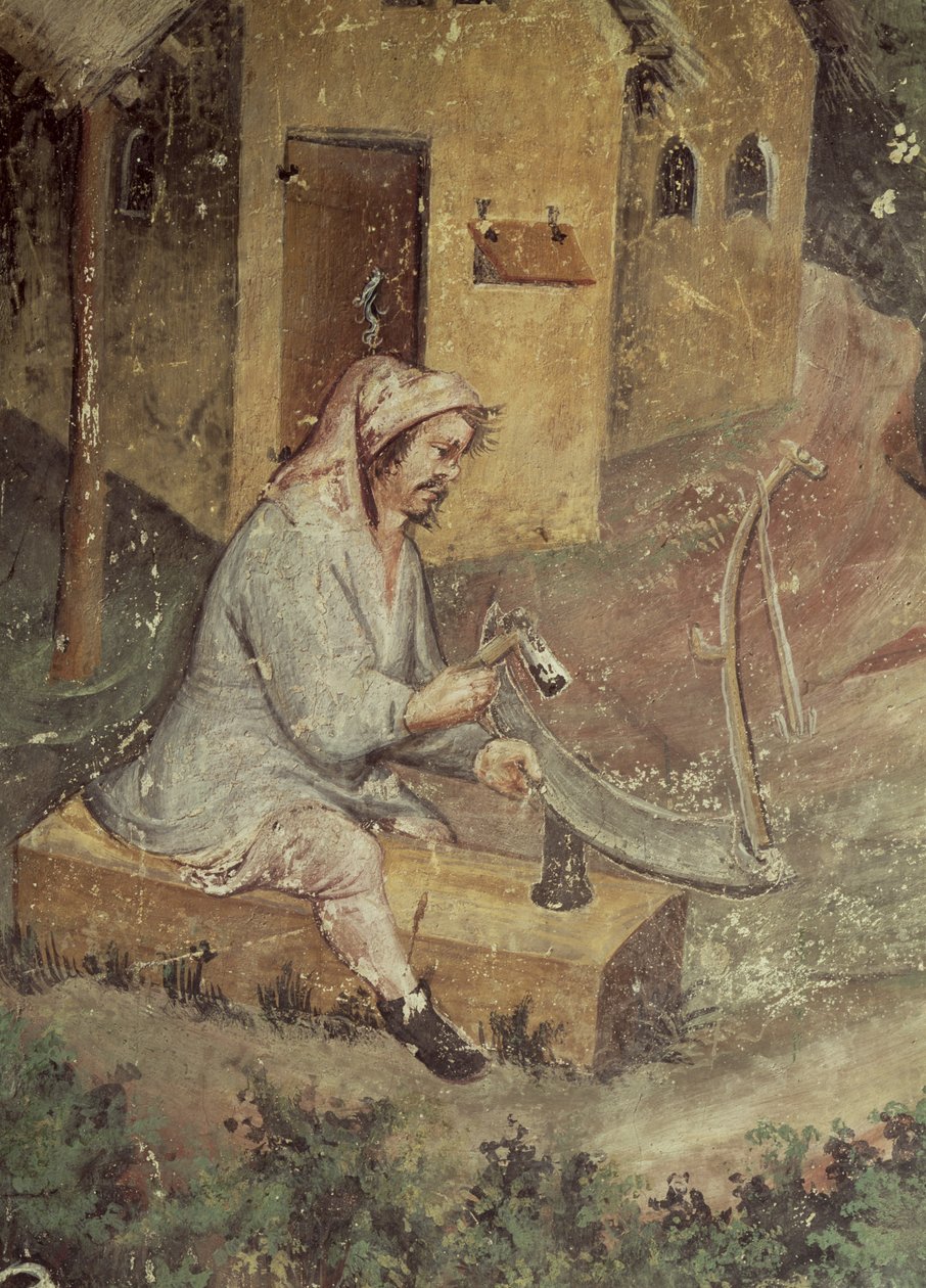 Július hónapja, részlet a kaszáját élező parasztról, 1400 körül alkotó: Bohemian School