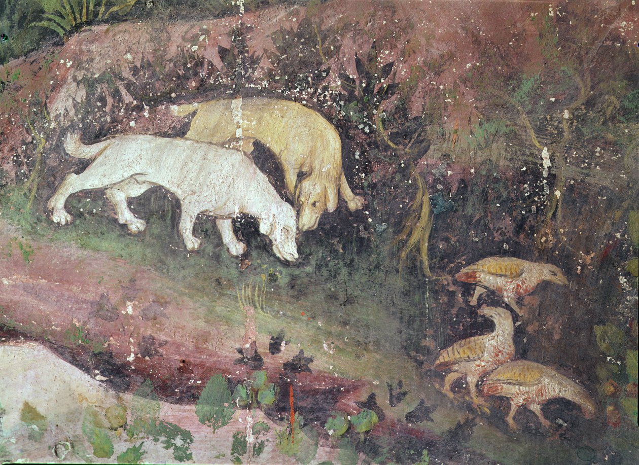 Június hónap, részlet kutyákról és fogolyokról, 1400 körül alkotó: Bohemian School