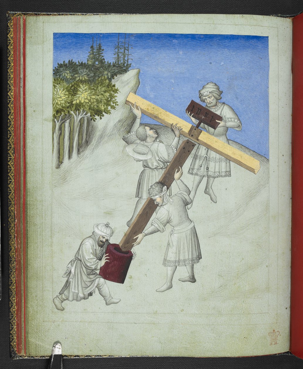 Add hozzá 24189, f.11v, Krisztus keresztjének összeállítása, négy különböző fából, különböző színekkel ábrázolva, a „Sir John Mandeville utazásainak képeskönyvéből”, 1410 körül (vellum) alkotó: Bohemian School