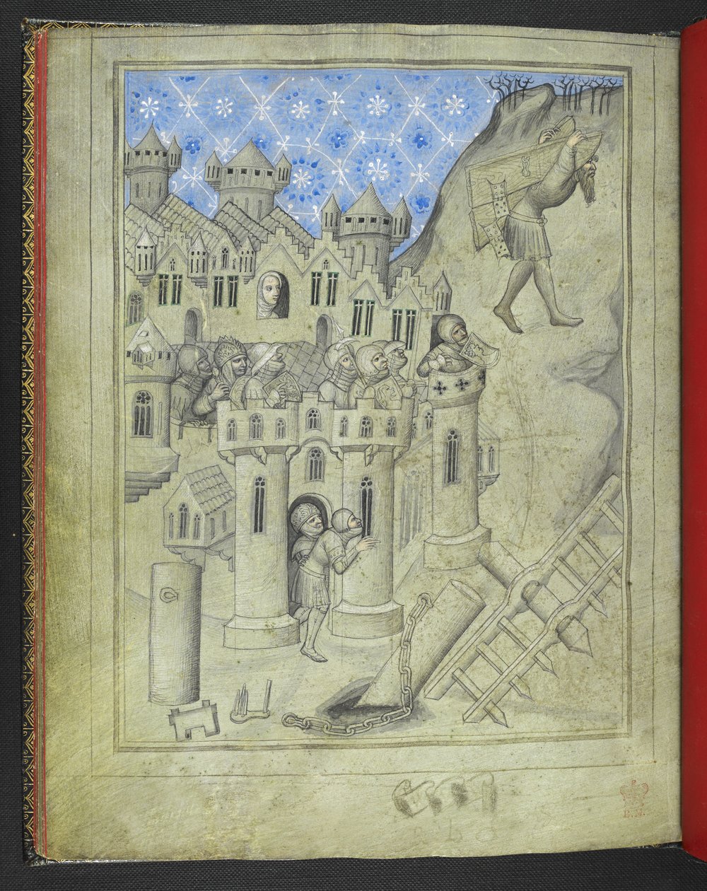 Add hozzá: 24189. f.16v, Sámson Gáza kapuit cipelve, páncélos katonák figyelték a városfalakról, és egy ablaknál Delila, a „Sir John Mandeville utazásainak képeskönyvéből”, 1410 körül (vellum) alkotó: Bohemian School