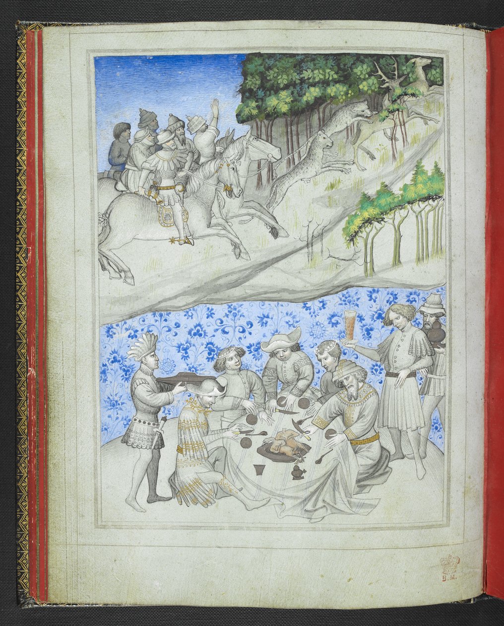Adja hozzá a 24189, f.5v, Rekreáció Cipruson, fent szarvasvadászatot leopárdok segítségével, alul pedig lakomát a „Sir John Mandeville utazásainak képeskönyvéből”, 1410 körül (vellum) alkotó: Bohemian School