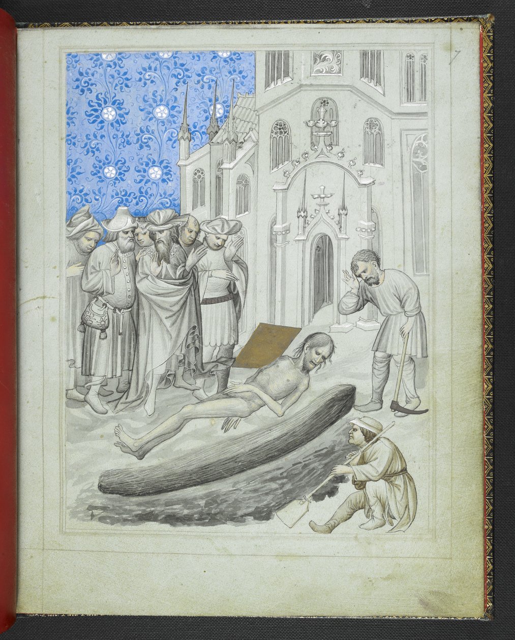 Add hozzá 24189, f.7r, Hermész Triszmegisztosz sírjának felfedezése, a „Sir John Mandeville utazásainak képeskönyvéből”, 1410 körül (vellum) alkotó: Bohemian School