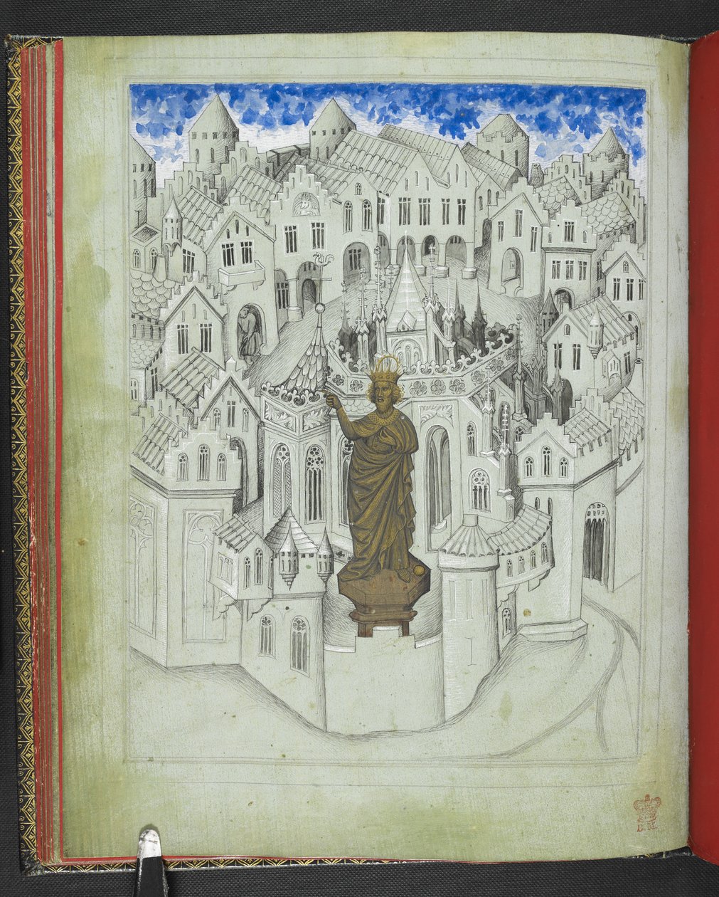 Add hozzá: 24189, f.9v, Konstantinápoly városa, Justinianus császár nagy szobrával, amely a Szent Zsófia-székesegyház előtt áll, a „Sir John Mandeville utazásainak képeskönyvéből”, 1410 körül (vellum) alkotó: Bohemian School