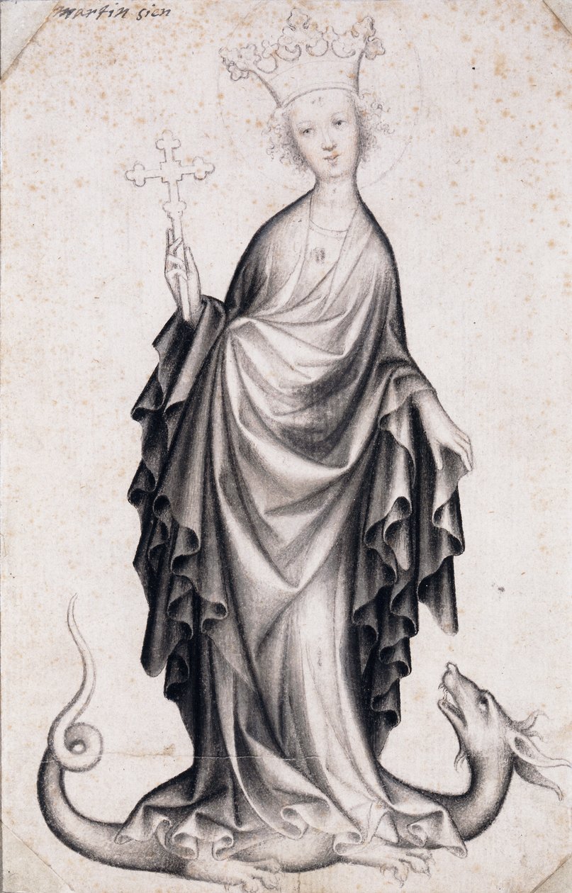 Antiochiai Szent Margit (meghalt 305 körül) (Szent Margit) (feszületet tart és sárkányt tapos) - Cseh mester munkája (aktív 1410-1420), ceruza és ecset papíron (21,4x14 cm), 1410 körül - Szepmuveszeti Múzeum, Budapest (Magyarország) alkotó: Bohemian School
