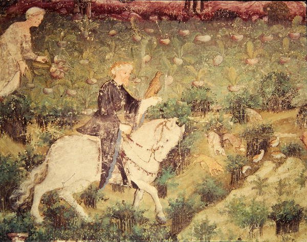Szeptember hónapja, részlet egy lovas sólyomról, 1400 körül (freskó) alkotó: Bohemian School