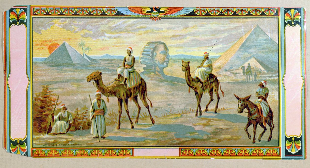 A Szfinx és a piramisok, címke egy fezdobozról, 1910 körül alkotó: Bohemian School