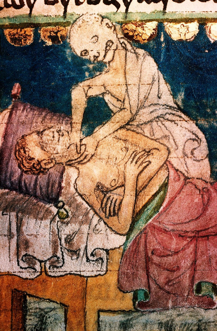 a mort etranglant un pestifere - A pestis áldozatát megfojtó halál - Miniatűr extraite du codex Stini, Boheme alkotó: Bohemian School