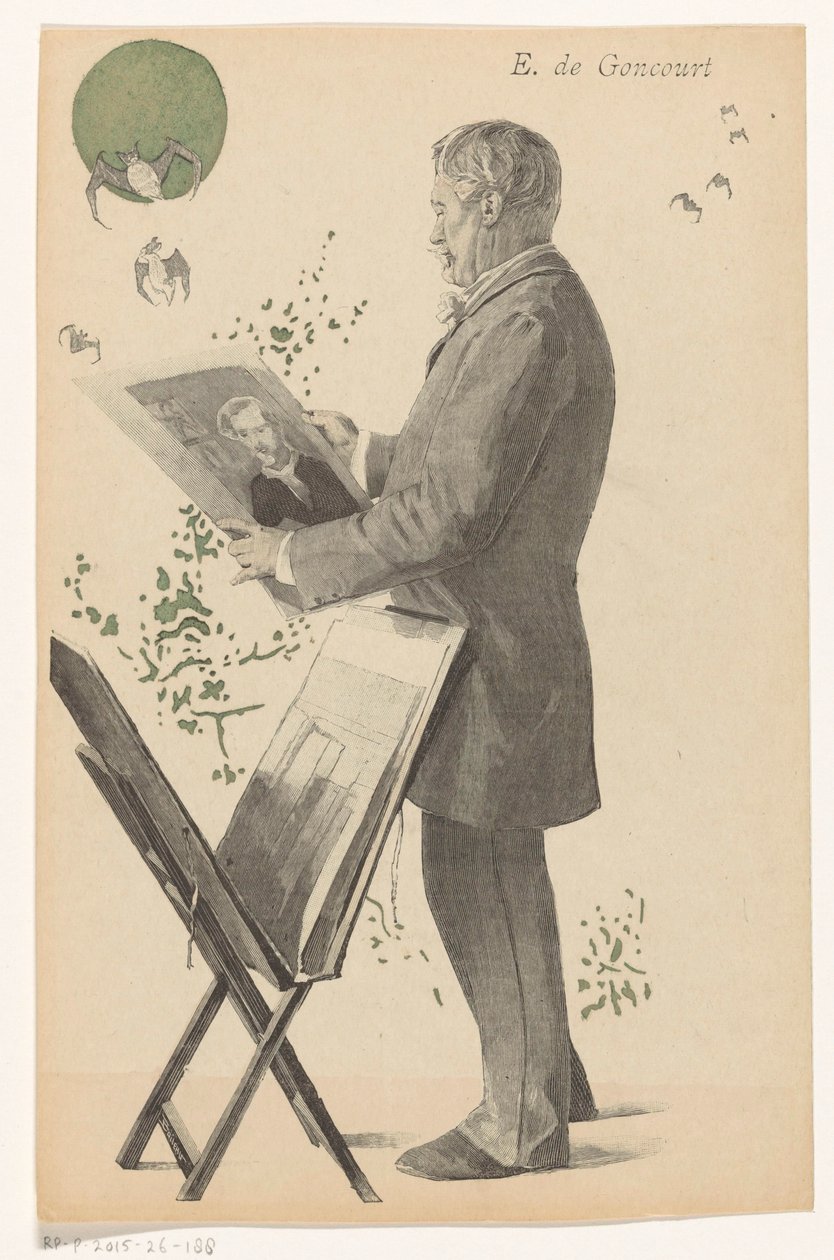 Edmond de Goncourt egy nyomtatványt néz, mellette egy nyomtatott szabványt E. de Goncourt (cím a tárgyon) alkotó: Boileau