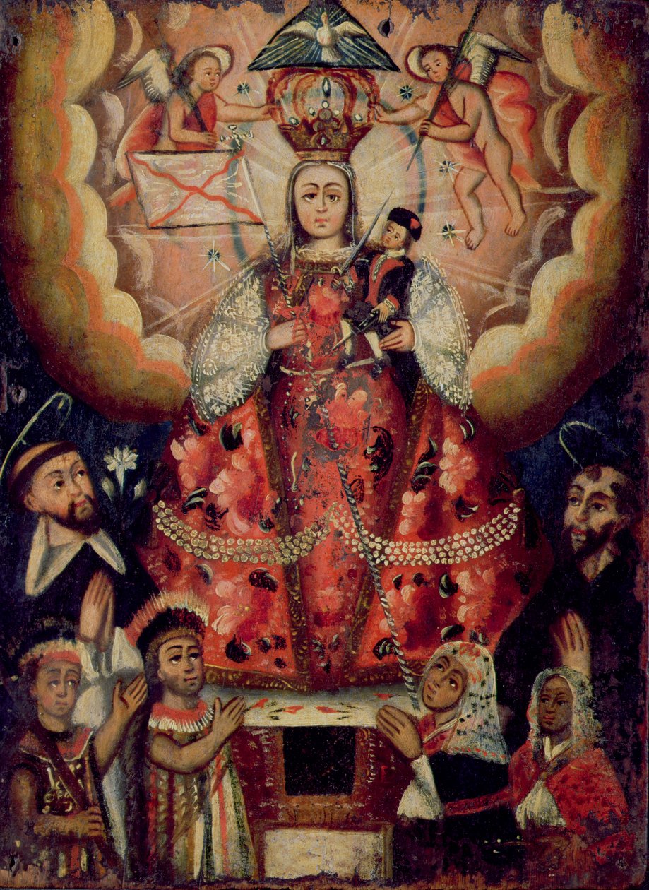Madonna Krisztus gyermekével, Szent Domonkossal, Szent Ferenccel és indián imádókkal alkotó: Bolivian School
