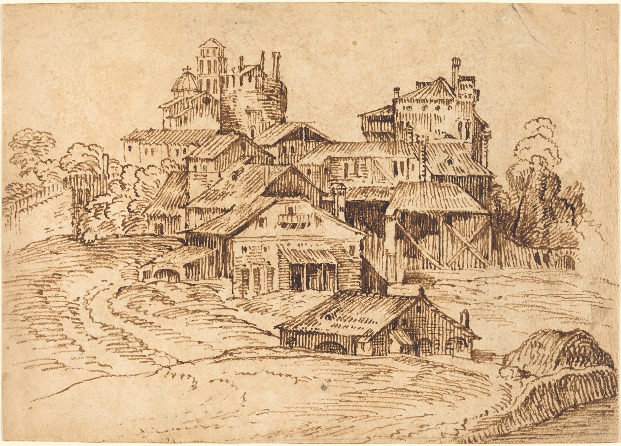 Kilátás egy olasz városra (Titian vagy Domenico Campagnola után) alkotó: Bolognese 17th Century