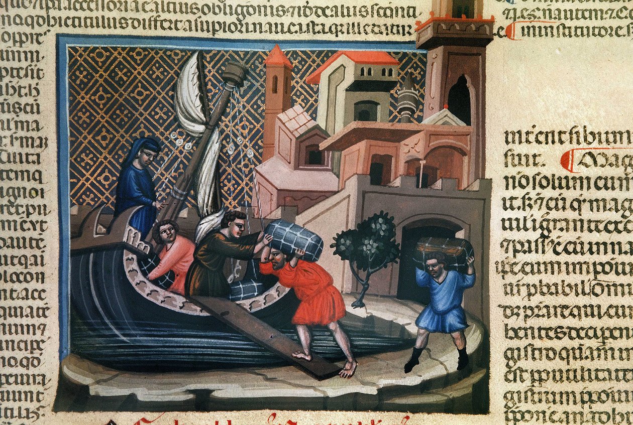 Áruk rakodása hajóra, a kéziratból alkotó: Bolognese School