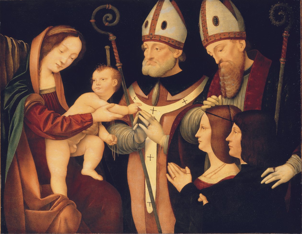 Madonna és gyermek Szent Romanusszal és Ptolomaeusszal és két donorral (olaj a táblán) alkotó: Boltraffio Pseudo