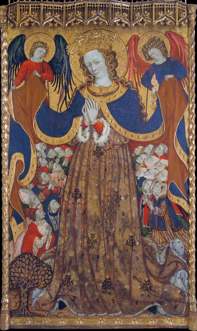 La Vierge de Misericorde - Peinture de Bonanat Zaortiga (actif 15eme siecle), tempera fán (223x126,8 cm), 1430 körül - Irgalmasság Szűzanya, Tempera Bonanat Zaortiga tábláján, kb. 1430 - Museu Nacional d
