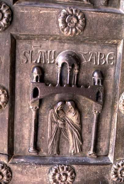 Panel, amely a Porta di S. Ranieri látogatását ábrázolja alkotó: Bonannus of Pisa