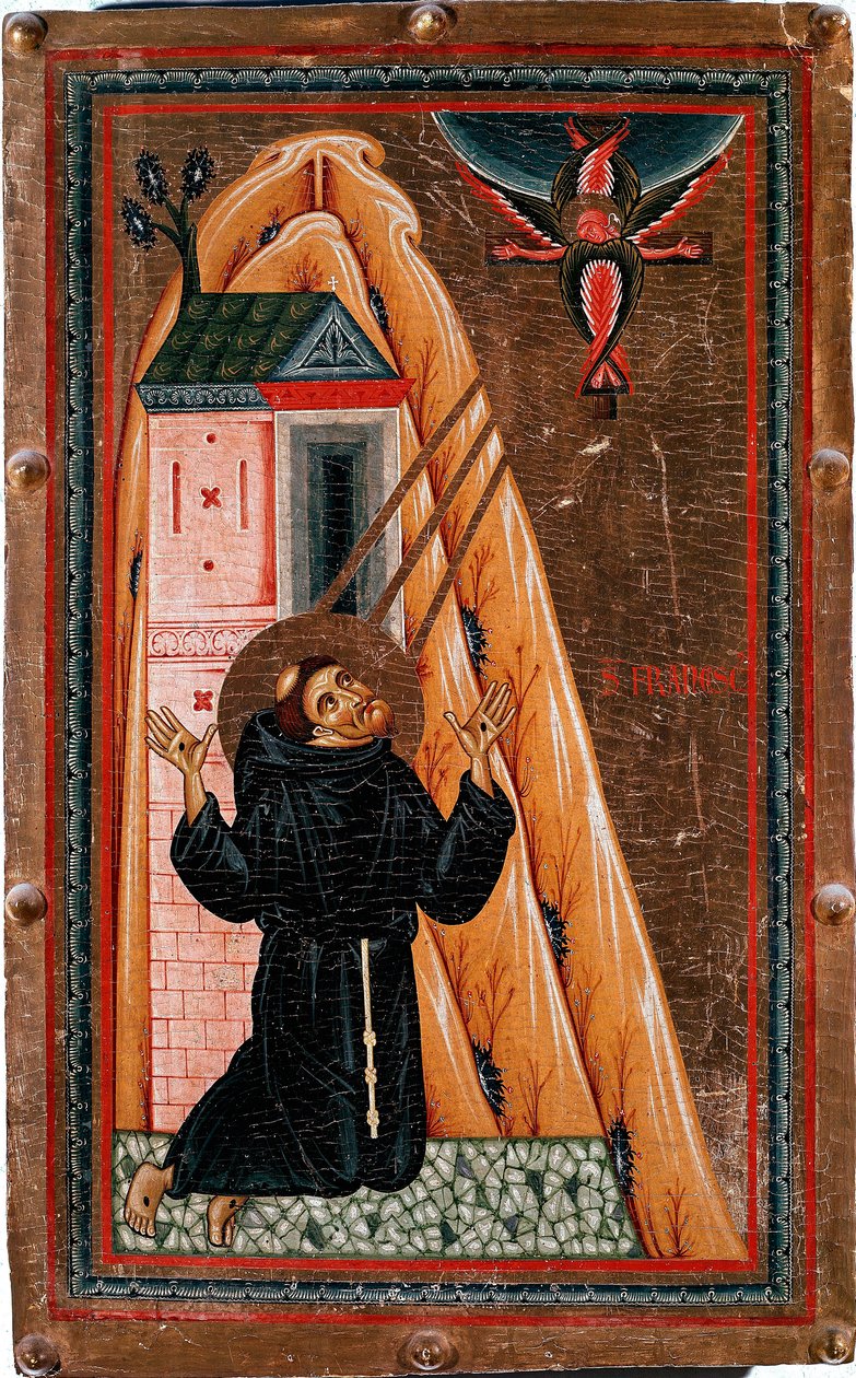 Assisi Szent Ferenc élete „” Szent Ferenc stigmákat kap”” A keresztre feszített Jézus szerafinként jelenik meg előtte. Bonaventura Berlinghieri festménye fára (aktív 1228-1274 körül), dim. 80x51 cm Galleria degli Uffizi (Irodák) Firenze alkotó: Bonaventura Berlinghieri