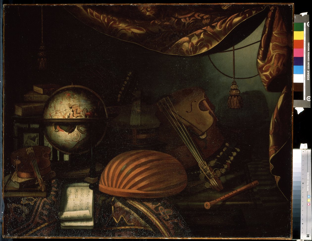 ""Csendélet hangszerekkel"" (Csendélet hangszerekkel) Földgömb, furulya, partitúra, hegedű, gitár. Bonaventura Bettera (1663-1718) festménye 1715 Puskin Múzeum, Moszkva alkotó: Bonaventura Bettera