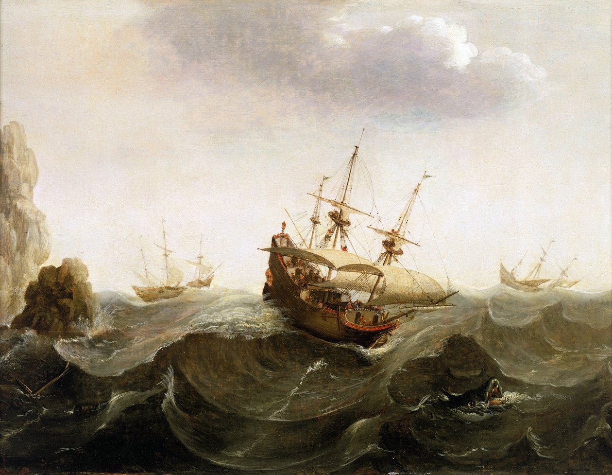 Egy Kelet-Indiába tartó holland kereskedelmi hajó átenged két heringhalászhajót. Olajfestmény, 17. század közepe, Bonaventura Peeters (1614-1652) alkotása. alkotó: Bonaventura Peeters