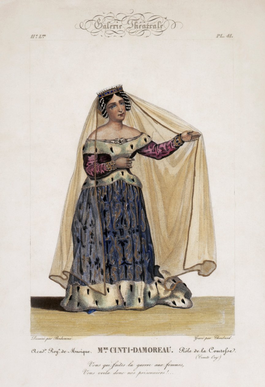 Laure Cinti-Damoreau, francia szoprán, mint la Comtesse Gioacchino Rossini Comte Ory című operájában az Académie Royale de Musique-ban alkotó: Bonhommé Bonhommé
