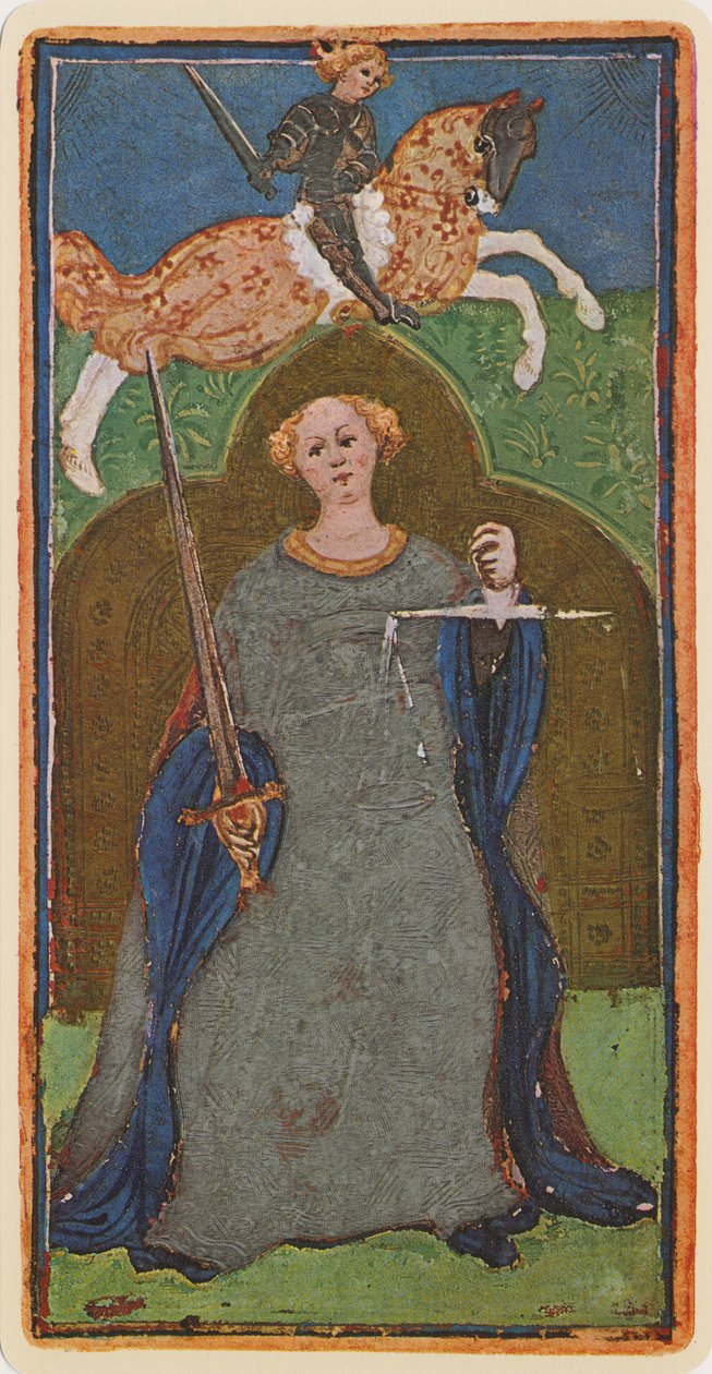 Justice, egy tarot kártya fakszimile a „Visconti” pakliból, 1441-47 alkotó: Bonifacio Bembo