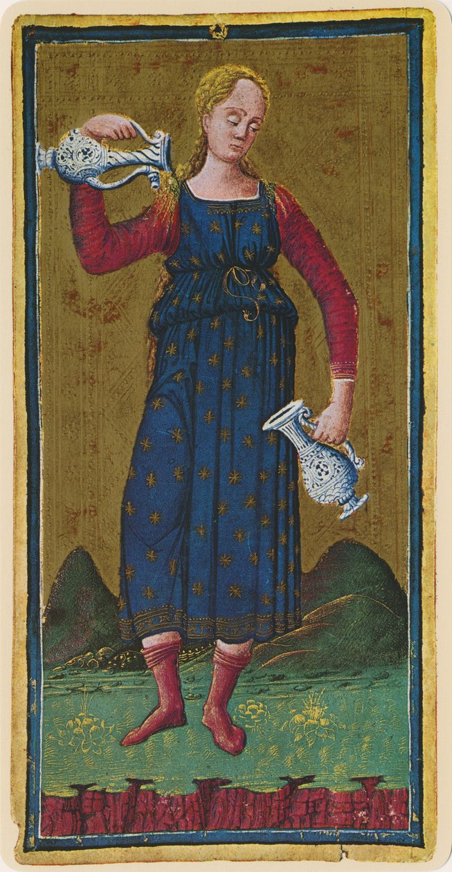 Temperance, egy tarot kártya faksza a „Visconti” pakliból, 1441-47 alkotó: Bonifacio Bembo
