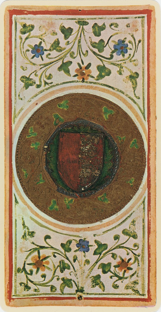 Az érmék ásza, egy tarot kártya faksza a „Visconti” pakliból, 1441-47 alkotó: Bonifacio Bembo