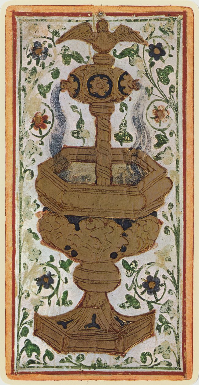 A kupák ásza, egy tarot kártya fakszimile a „Visconti” pakliból, 1441-47 alkotó: Bonifacio Bembo