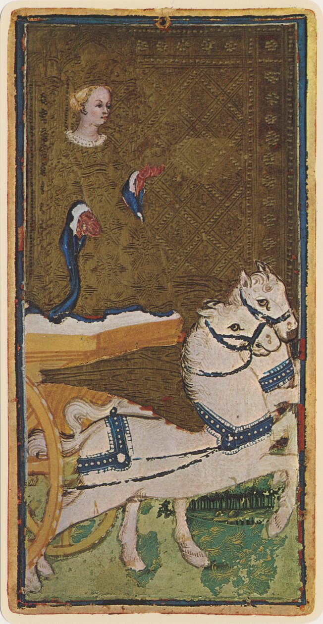 A szekér, egy tarot kártya fakszimile a „Visconti” pakliból, 1441-47 alkotó: Bonifacio Bembo