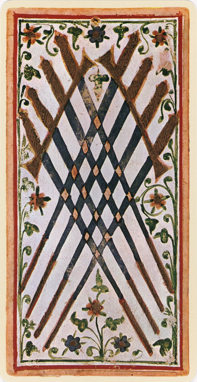 A kardok nyolca, egy tarot kártya faksza a „Visconti” pakliból, 1441-47 alkotó: Bonifacio Bembo