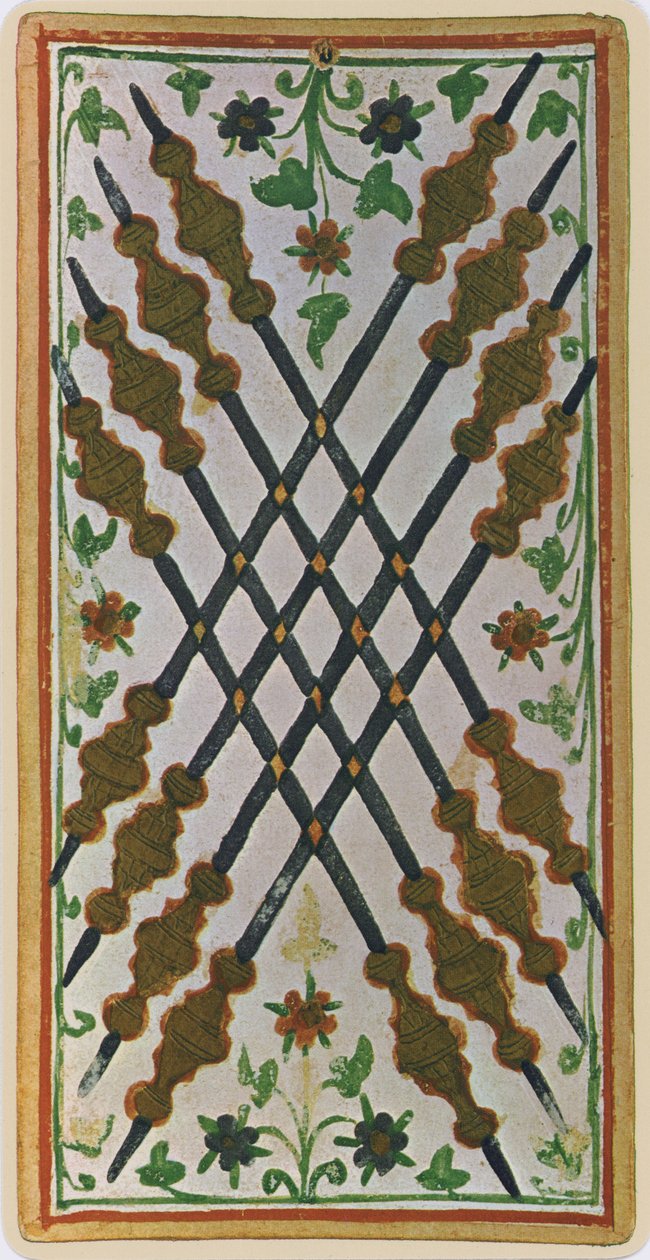 The Eight of Wands, egy tarot kártya fakszimile a „Visconti” pakliból, 1441-47 alkotó: Bonifacio Bembo