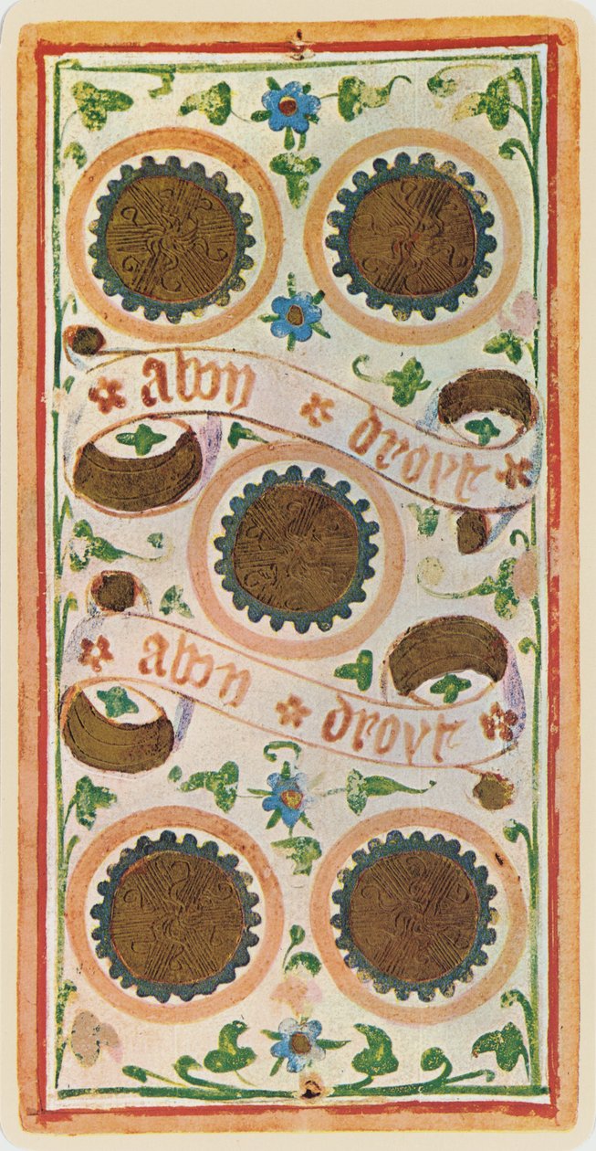 Az öt érme, egy tarot kártya fakszimiléje a "Visconti" pakliból, 1441-47. alkotó: Bonifacio Bembo