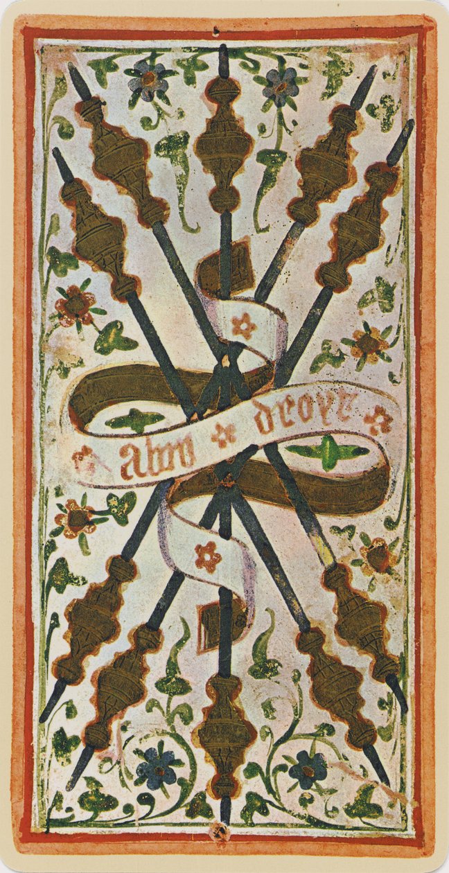 Az ötös pálca, egy tarot kártya fakszimiléje a "Visconti" pakliból, 1441-47. alkotó: Bonifacio Bembo