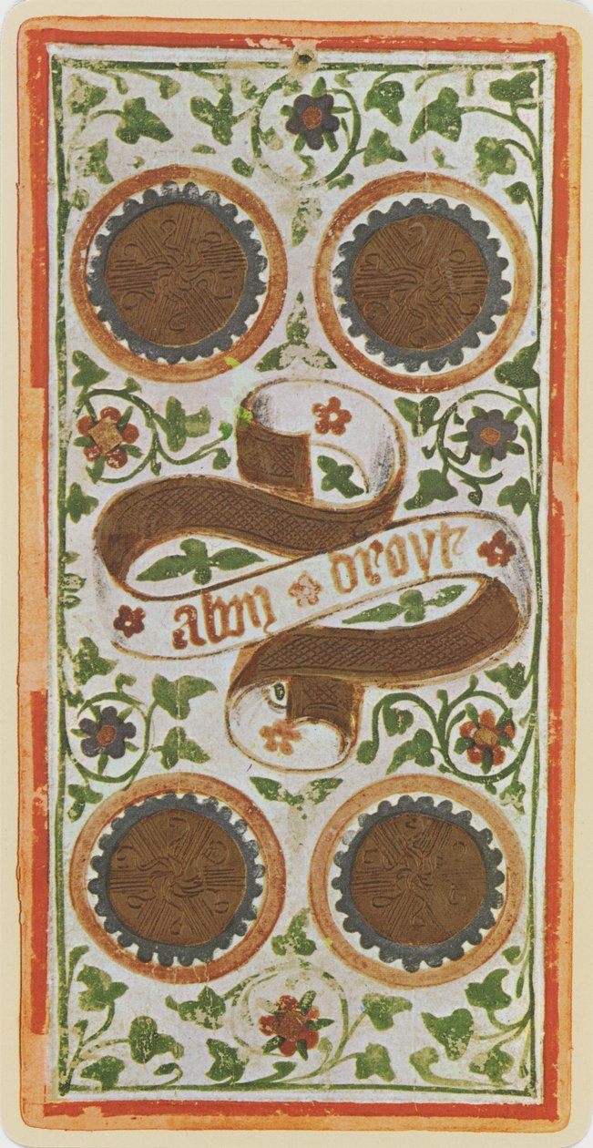 Az érmek négye, a „Visconti” pakli tarot-kártyájának faksza, 1441-47 alkotó: Bonifacio Bembo