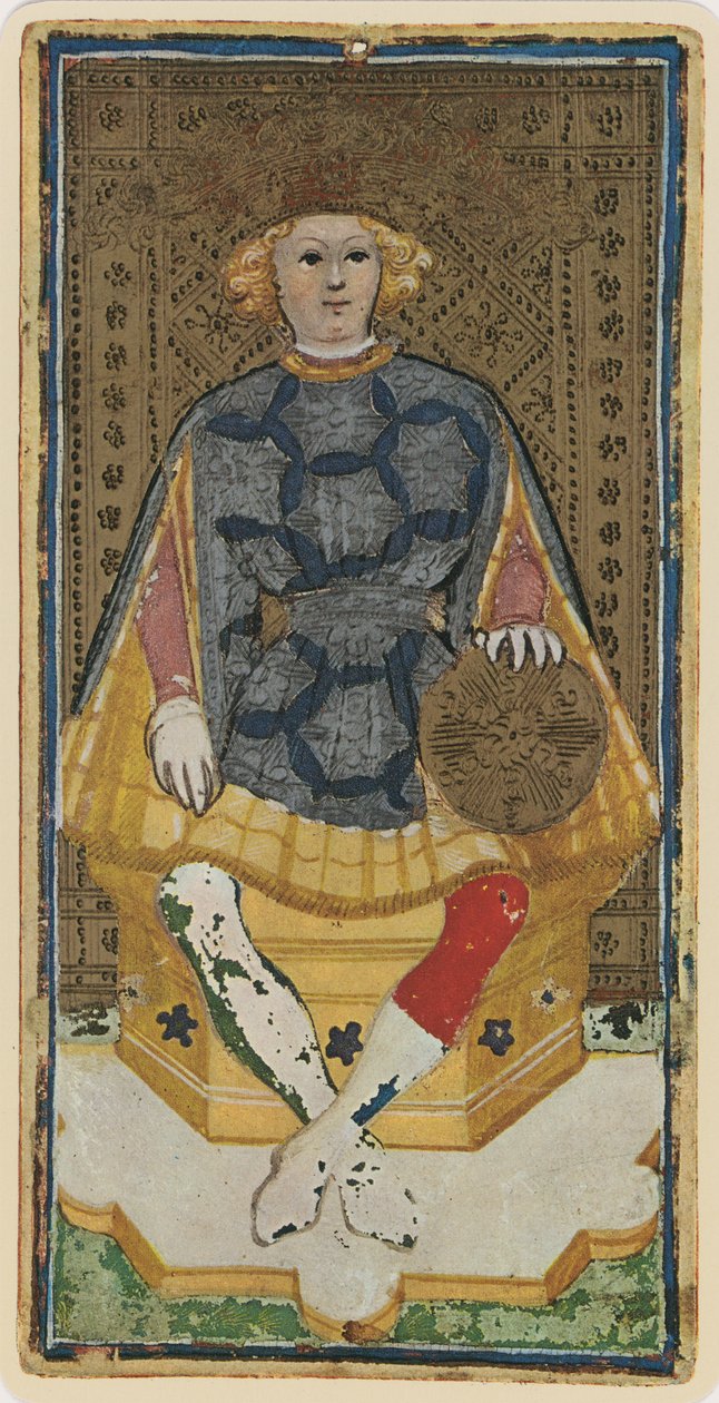 Az érmék királya, egy tarot kártya fakszimile a „Visconti” pakliból, 1441-47 alkotó: Bonifacio Bembo