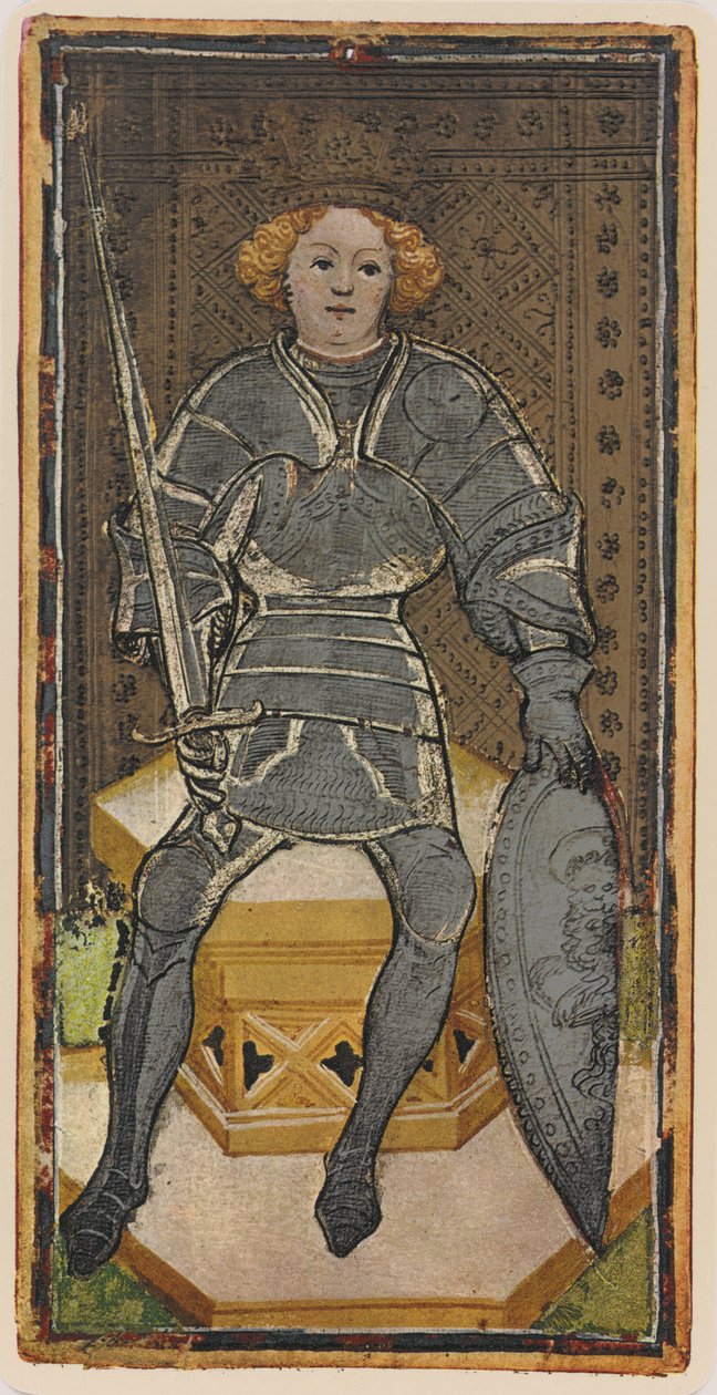 A kardok királya, egy tarot kártya fakszimile a „Visconti” pakliból, 1441-47 alkotó: Bonifacio Bembo