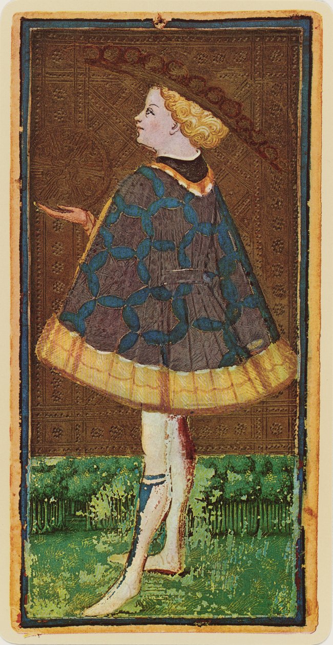 Érmék Knave, egy tarot kártya fakszimile a „Visconti” pakliból, 1441-47 alkotó: Bonifacio Bembo