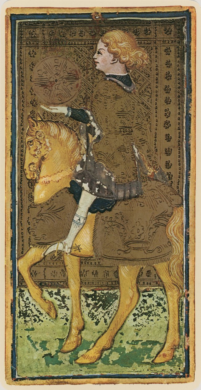 Az érmék lovagja, egy tarot kártya fakszimile a „Visconti” pakliból, 1441-47 alkotó: Bonifacio Bembo
